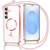 Oelrstfe Magnetica Cover per Samsung Galaxy S25 Plus con Cordino Regolabile, Compatibile con MagSafe,Trasparente Custodia con Collana Tracolla Laccio Collo TPU Silicone Lanyard Case Antiurto, Rosa