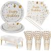 Nkaiso Compleanno Stoviglie per feste Bianco Oro 121 Pezzi Carta Set Include Piatti Tovaglioli Tazze Forniture per la Decorazione di feste -24 Ospiti