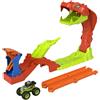 Hot wheels monster trucks - attacco del serpente - set pista con lanciatore e veicolo bone shaker 1:64 incluso