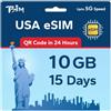 TSIM USA eSIM 15 giorni 10GB | Rete 5G multi-operatore ad alta copertura | Attivazione automatica | Piano ricaricabile | Hotspot consentito | Codice QR eSIM inviato via e-mail entro 24 ore dalla