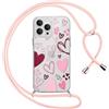 Yirlbey Cover per iPhone 16 Pro 6,3'' con Cordino, Aesthetic Rosa Cuore Motivo Disegno Trasparente Silicone Case Corda con Regolabile Laccio Antiurto Bumper Protezione della Fotocamera Custodia