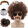 Ymoryiyi Parrucca afro da uomo con baffi - Parrucca corta ricci in marrone - Costume da discoteca e accessori hippie per uomo - Parrucca per carnevale, feste a tema, Halloween