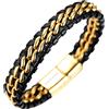 HALUKAKAH ● Onore ● Bracciale Uomo in Vera Pelle Cuoio Doppia Catena in Titanio Acciaio Oro Chiusura Magnetica 8.46(21.5cm) con Pacco Regalo Gratuita