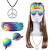 iZoeL Costume Hippie Parrucca Hippie - 4 pezzi Parrucca Occhiali da Sole Collana Peace Fascia per Capelli - Vestiti Anni 70 80 Vestito Discoteca Costume Carnevale Abiti Halloween Discoteca Uomo