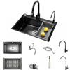 Umisu Lavello da cucina nero in acciaio inossidabile 60 x 45 cm, lavello semplice con rubinetto estensibile, dispenser di sapone e cestino scolapiatti con rubinetto retrattile cestello dispenser di