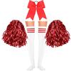Boyiee 4 Pezzi Set Costume da Cheerleader 2 Pompon da Cheerleader Fiori a Mano con 1 Fiocco per Capelli 1 Paio di Calze da Cheerleader Vestito da Cheerleader per Carnevale Sport(Rosso)