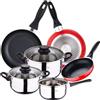San Ignacio - PK2356, Batteria da cucina 5 pezzi, in acciaio inox e set di 3 padelle diametro 16, 20 e 24 cm, in alluminio pressofuso, adatte per induzione