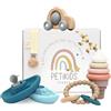 Petikids Set Regalo Neonato Montessori - Giochi Educativi Legno e Silicone Bebè 3-36 Mesi - Torre Impilabile, Anello Dentizione, Macchinina, Giochi Bagnetto - Idea Regalo Bambino