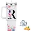 FOLAI Tazza termica con cannuccia e maniglia, 1180 ml, tazza da caffè con coperchio, a doppia parete, in acciaio inox, per bevande calde/fredde, motivo floreale, regalo per uomo e donna (R)