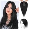 Flufymooz Topper in 100% veri capelli umani da donna, 25,4 cm, con clip, per diradare i capelli, copertura 3D a 360°, con frangia naturale con base in seta, 11,4 x 7,6 cm, colore nero naturale