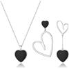 EVER FAITH Set di Gioielli da Donna con Cuore spaiato, Collana con Ciondolo Nero Cuore, Set di Orecchini Asimmetrici, Regali per lei/Moglie/Mamma/Valentine's Day Argento Fondo