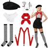 LIULINY 6 Pezzi Costume Pantomima Donna, Costume da Mimo Donna con Basco, Sciarpa, Guanti, Calzini Tatuati e Bretelle, Bianco e Nero Pantomima Accessori Set, per Natale, Carnevale, Festa Cosplay