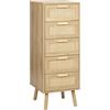 Finnhomy Cassettiera in rattan per camera da letto, cassettiera alta Chester con 5 cassetti decorati a mano in rattan per camera da letto, piccolo comodino con gambe in legno, naturale