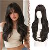 FESHFEN Lunga Parrucca con Frangia - Castano Medio Parrucche Donna Capelli Lunghi Ondulato Naturali Sintetico Parrucca di Capelli a Strati per Partito Quotidiano, 65 cm