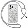 ZhuoFan Custodia con Cordino per iPhone 17 Pro 6,3, Trasparente Aesthetic Modello Leopardo Disegni Automne Cover con Collana Grigio Antiurto Case Regolabile Cellulare Girocollo per Femmina, 04