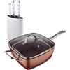 San Ignacio Set di padelle quadrate 24 x 24 cm in alluminio pressato + set di 3 coltelli in acciaio inox con tacoma Optimum Copper Bergner