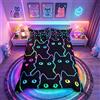 Loussiesd Set di biancheria da letto per ragazze e ragazzi con gatti in stile cartone animato con simpatico gattino con luce al neon e copripiumino colorato 3D per amanti dei gatti, 3 pezzi