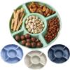 KATLKIU Set da 4 Vassoi Snack Rotondi Ø 23 cm con 5 Scomparti - Plastica Senza BPA, Impilabili - Piatti Snack in 4 Colori - per Aperitivo, Frutta, Dolci e Picnic