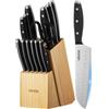VEVOR Set di Coltelli da Cucina con Ceppo Portacoltelli Legno di Pino e Acciaino da 15 Pezzi in Acciaio Inossidabile ad Alto Tenore di Carbonio, Coltello da Cucina con Impugnatura Ergonomica in ABS