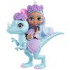 Mattel Cave Club Bambola Paleopupa Unicorno con Capelli Azzurri e Meches Viola, Vestito Preistorico e Dinosauro Azzurro, Giocattolo per Bambini 4+Anni, GXP25