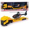 Toyland® 31cm (12") Autocarro Scania con pianale, elicottero e rimorchio staccabile - Modellino in scala 1:48 - Giocattolo da collezione per il trasporto (Camion giallo/elicottero verde)