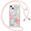 Yirlbey Cover per iPhone 15 6,1'' con Cordino, Aesthetic Rosa Fiori Motivo Disegno Trasparente Silicone Case Corda con Regolabile Laccio Antiurto Bumper Protezione della Fotocamera Custodia
