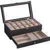 SONGMICS Scatola Porta Orologi con 12 Scomparti, Custodia in Legno a 2 Livelli con Coperchio in Vetro, Cuscinetti, Rivestimento in Velluto, Regalo per le Persone Care, Nero Ebano/Noci Rustico/Nero