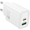 HOCO N61.U.WH - Caricabatterie USB-C 20W + USB QC3.0 18W - Bianco - Uscita: USB-C: 20 W (PD/QC/FCP/AFC), USB-A: 18 W (QC/FCP/AFC), USB-C+USB-A=5 V/3 A - Spina UE - Dimensioni: 83 39,5 26,5 mm, Peso: 50 g