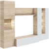 Habitdesign Mobile per sala da pranzo con LED, mobile soggiorno, modello essenziale, finitura in bianco lucido e rovere canadese, dimensioni: 260 cm (larghezza) x 185 cm (altezza) x 42 cm (fondo)