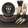 Nkaiso 193 Pcs Nero Oro Piatti di Carta Stoviglie per Feste -24 Ospiti | Piatti Usa e Getta Eleganti Set Include Piatti Carta Bicchieri Tovaglioli, per Compleanno, Matrimonio, Party Decorazione