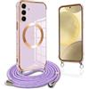 Pnakqil per Magnetica Cover per Samsung Galaxy S24 Plus con Cordino, Compatibile con MagSafe, Ultra Sottile Cuore Silicone Custodia con Laccio Tracolla, TPU Case con Collana per Samsung S24+, Viola