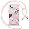Yirlbey Cover per iPhone 15 6,1'' con Cordino, Aesthetic Rosa Cuore Motivo Disegno Trasparente Silicone Case Corda con Regolabile Laccio Antiurto Bumper Protezione della Fotocamera Custodia