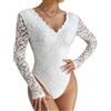 SHEKINI Body da Donna in Pizzo Trasparente Maniche Lunghe Body Donna Elegante Bodysuit con Bordo Smerlato Scollo V Shapewear