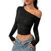 AOWVUTS Maglietta a Manica Lunga Donna con Paillettes Sexy Monospalla Crop Top Elegante Glitter Corto Tops Elasticizzato Basic Slim Fit T-Shirt Maglia Aderente Autunno per Club Festa Carnevale
