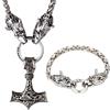 HALUKAKAH Set Collana e Bracciale in Acciaio Martello di Thor Vichingo - Collana 60cm + Bracciale 21cm - Acciaio Al Titanio Tono Argento Antico - Gioiello di Mitologia Norrena - Regalo per Uomo