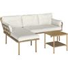 Outsunny Set da Giardino 3pz con Chaise Longue, Divanetto, Cuscini e Tavolino, in Rattan e Acciaio, Bianco Crema e Legno | Aosom Italy