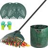 ORIENTOOLS Set di rastrelli da giardino, con rastrello leggero a doppio dente da 160 cm, paletta per foglie, guanti e borsa da giardino, per la cura del prato e la pulizia delle foglie