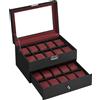 SONGMICS Scatola per orologi, custodia per orologi con coperchio in vetro a 2 livelli, con serratura, 1 cassetto, per anelli, braccialetti, regalo ideale, ecopelle nera e fodera grigia/ecopelle nera e