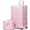 Urecity Set di 4 valigie da viaggio vintage in pelle, leggere, stile retrò, con lucchetto TSA e 8 ruote (S-M-L-XL), rosa pallido, S(14)+L(28), Stile vintage