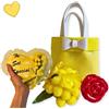 NARAMAKI® Idea Regalo Festa della Mamma 2025 - Borsetta Gialla + Bouquet Mimosa + Orsacchiotto + Rosa Rossa + Mimose Artificiali - Regalo Donna/Amica(Cuore)