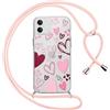 Yirlbey Cover per iPhone 16 6,1'' con Cordino, Aesthetic Rosa Cuore Motivo Disegno Trasparente Silicone Case Corda con Regolabile Laccio Antiurto Bumper Protezione della Fotocamera Custodia