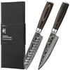 Wakoli EDIB Essentials - Set di 2 coltelli damascato, 12 cm e 13 cm, lame in acciaio damascato, manico in legno, confezione regalo e protezione per le dita, coltello da chef e Santoku Premium