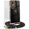 YAMCCCSE Cover per Oppo Reno 10 / Reno 10 Pro con Collana Amore Cuore Custodia per Silicone Sottile Laccio Tracolla Case con Protezione Fotocamera Dorata Placcatura Cornice Paraurti, Nero