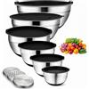 Beler 6 ciotole in acciaio inox con coperchio e grattugia, set di ciotole per insalata da cucina con fondo in silicone, 6 accessori per schiacciare