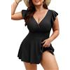 Nadeer Tankini Donna Mare Curvy Taglie Forti Costume da Bagno Due Pezzi con Volant Contenitivi Vita Alta Gonnellina per Mare Spiaggia Piscina(Nero,XXL)