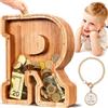 Summidate Salvadanaio Legno Bambini, Porcellino Salvadanaio Trasparente Lettera A-Z, Regalo Educativo Compleanno e Battesimo Personalizzabile con Adesivi per Ragazzi e Ragazze