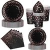 Nkaiso 50Pcs Nero e Rosa Oro Stoviglie per Feste di Compleanno-10 Ospiti | 10 x 23cm & 10 x 18cm Piatti Carta Usa e Getta Eleganti, 10 Bicchieri, 20 Tovaglioli - per Festività Feste Decorazioni
