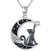Friggem Collana di Gatto Neri, Ciondolo Gatto Luna in Argento Sterling 925 Gioielli da Donna Regali di Gatti per Mamma, Ragazza e Amante dei gatti (C-Collana Gatto Nero)