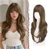 FESHFEN Lunga Parrucca con Frangia - Castano Misto Biondo Parrucche Donna Capelli Lunghi Ondulato Naturali Sintetico Parrucca di Capelli a Strati per Partito Quotidiano, 65 cm