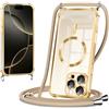 Coiwxmoi Magnetica Cover per iPhone 16 Pro Max 6.9 con Cordino Regolabile, Compatibile con MagSafe,Trasparente Custodia con Collana Tracolla Laccio Collo TPU Silicone Lanyard Case Antiurto, Oro